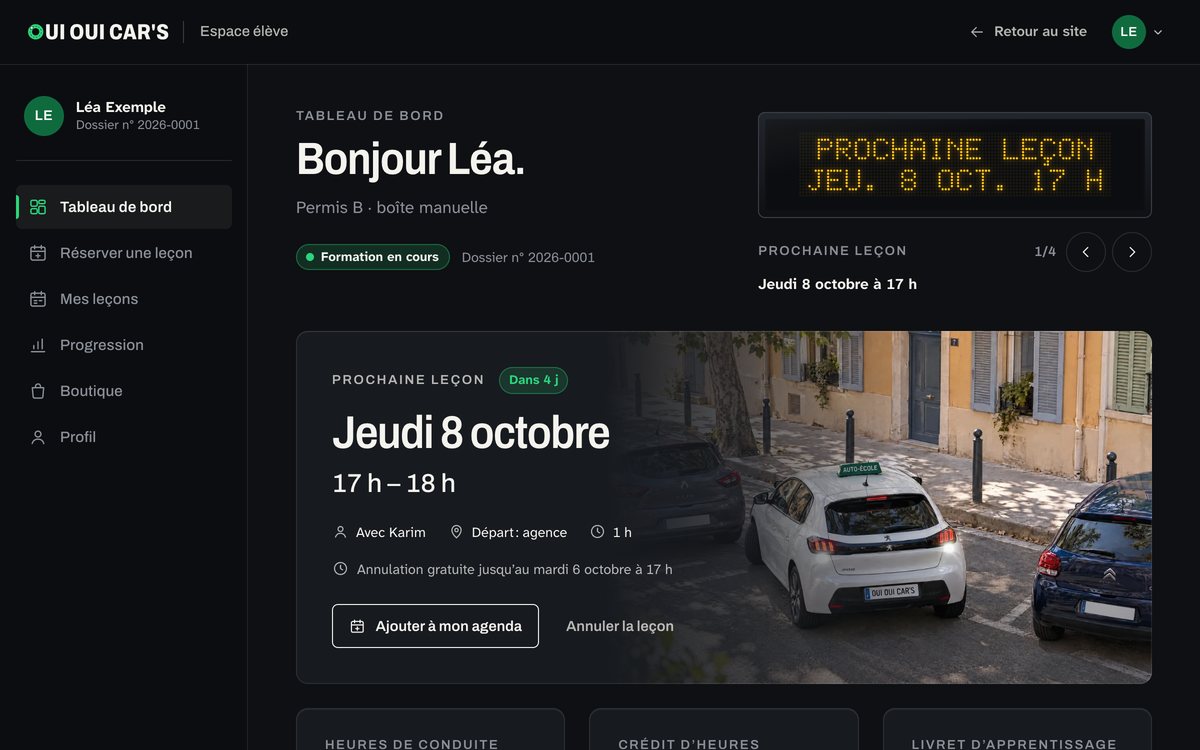 Aperçu du tableau de bord de l’espace élève : un panneau lumineux personnel annonce la prochaine leçon, détaillée dessous avec le moniteur, le lieu de départ et la limite d’annulation gratuite.