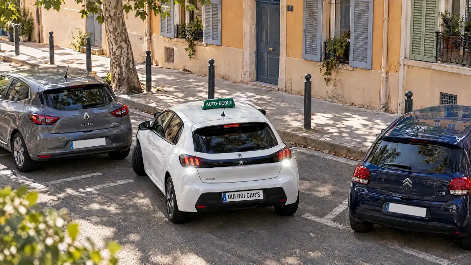 La voiture-école se gare en bataille entre deux voitures, dans une rue ensoleillée d’Endoume.