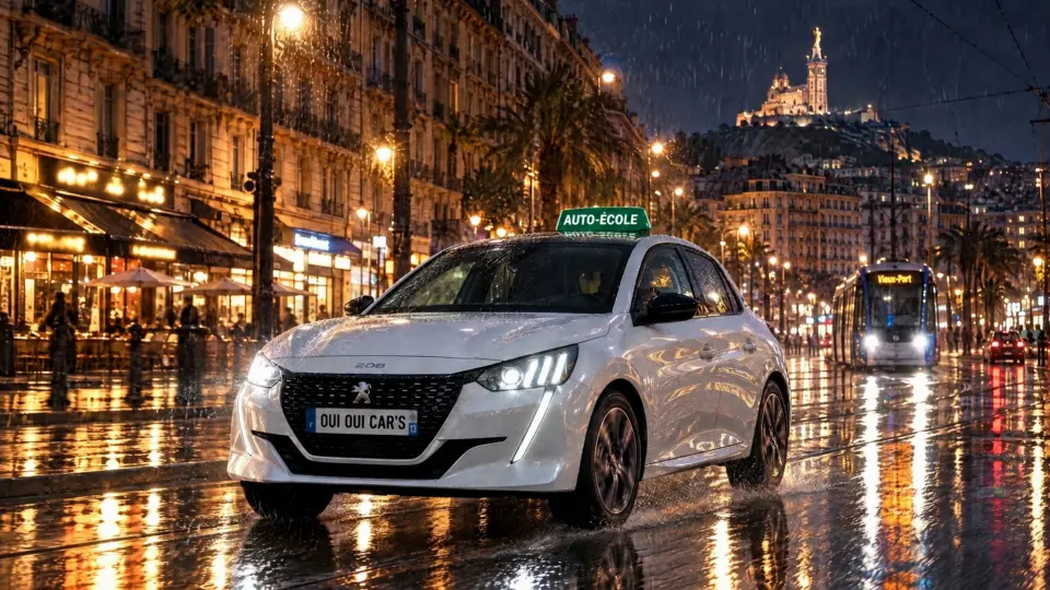 De nuit, sous la pluie, la voiture-école avance sur la Canebière, phares allumés.