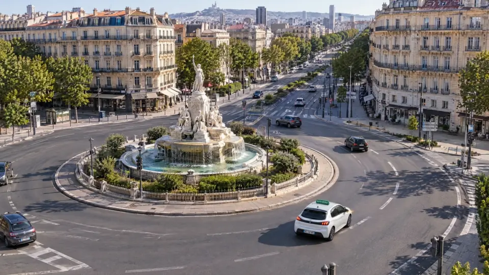 Vue aérienne d’un rond-point marseillais : la voiture-école prend sa sortie, clignotant allumé.