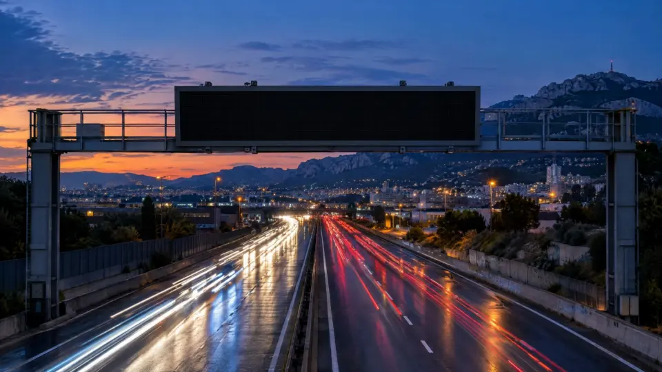 Un portique de signalisation au-dessus d’une voie rapide de Marseille à l’heure bleue ; son panneau lumineux affiche les messages de l’auto-école.
