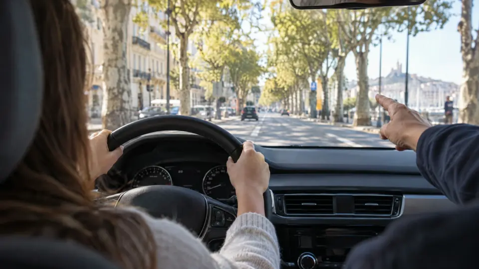 Pendant la leçon, une élève tient le volant à deux mains ; le moniteur lui indique la direction.